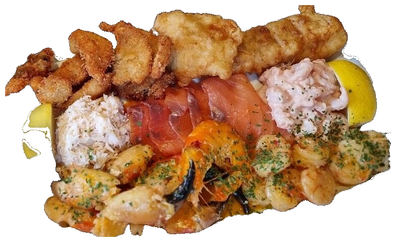 Mixed seafood platter with battered fish, scampi, smoked salmon, crab, prawns and mussels