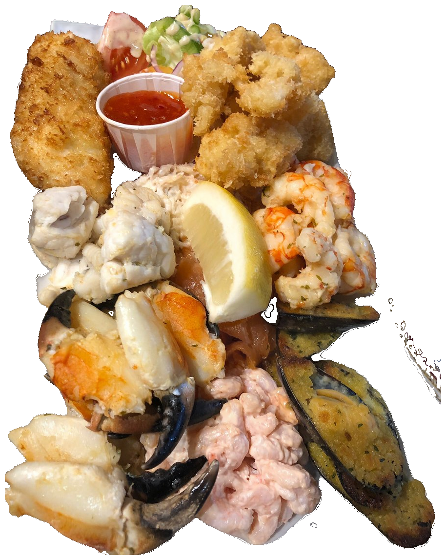 Mixed seafood platter — crab claws, prawns, mussels, calamari, smoked salmon